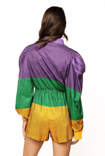 Queen of Sparkles - Mardi Gras Colorblock Full Rhinestone L/S Romper