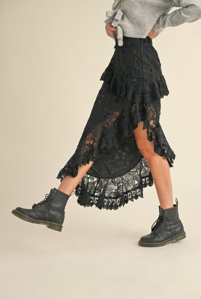 Mable - Floral Crochet Lace Maxi Skirt - Black