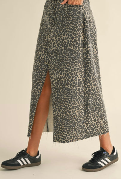 Airport Road Leopard Print Front Slit Skirt