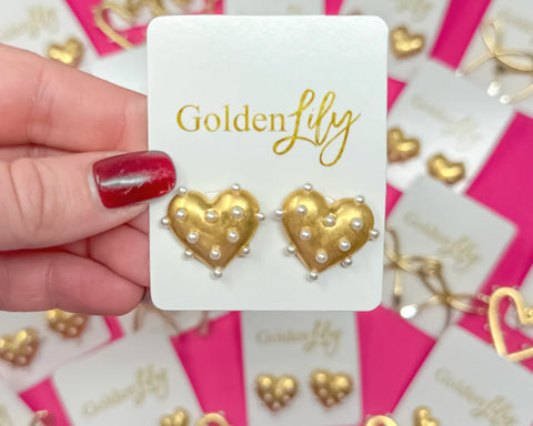 Gold Heart Pearl Stud Earrings