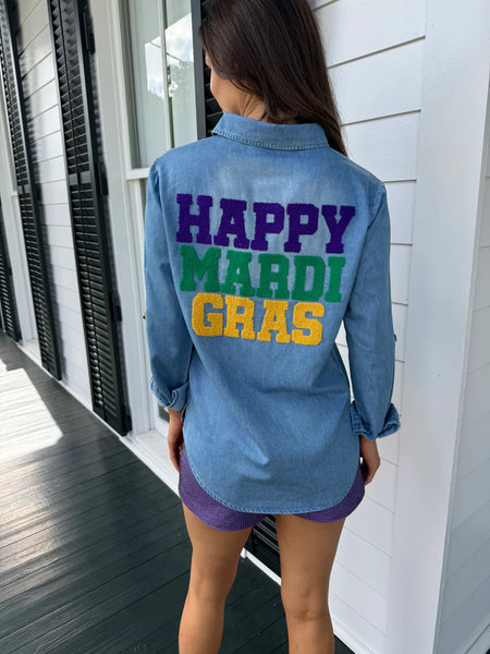 Sparkle City - Happy Mardi Gras Denim Button Down