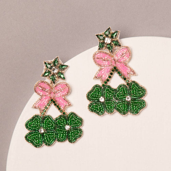 Four Leaf Clover & Pink Bow Earrings