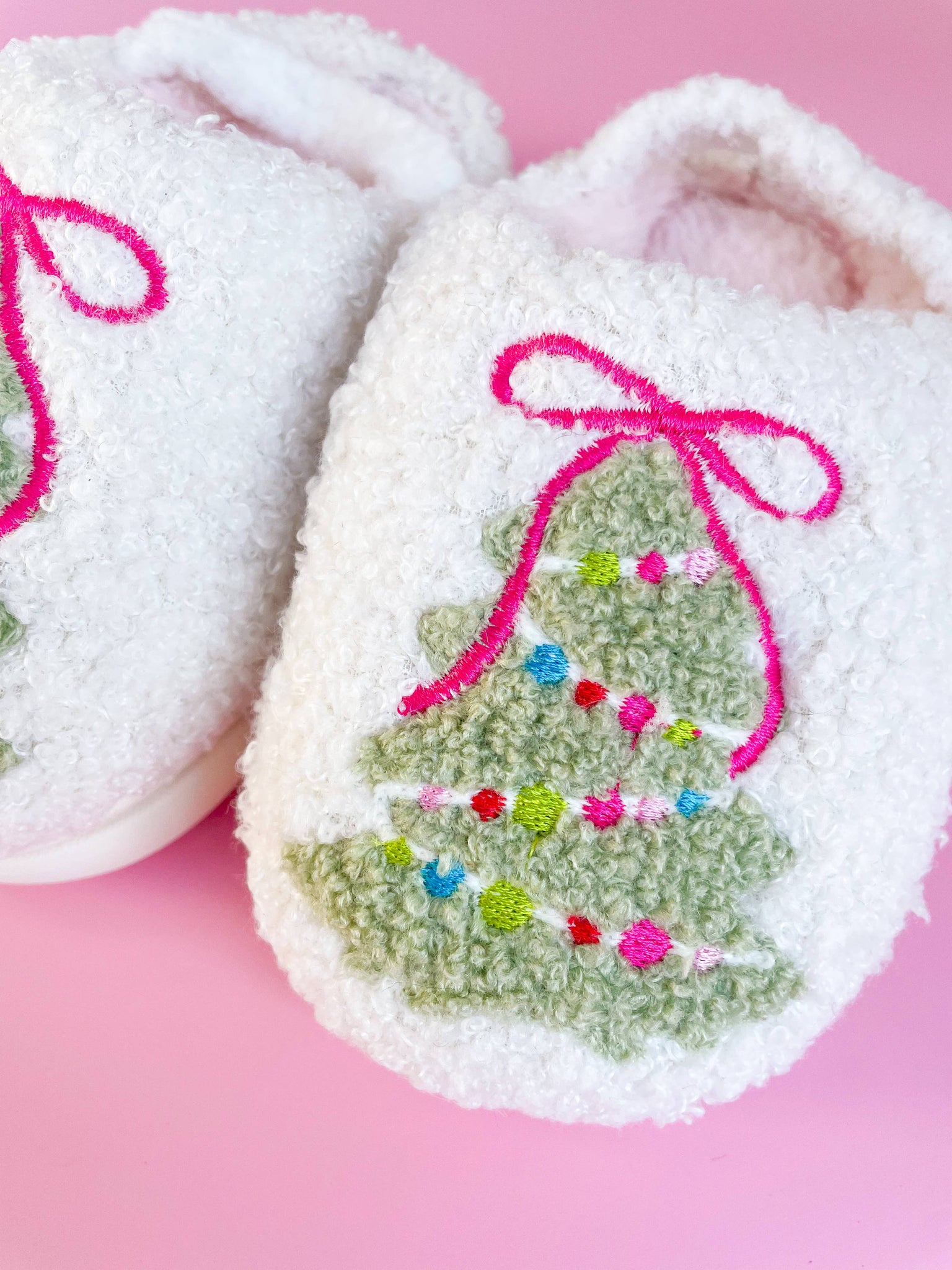 Rock Paper Scissors - Toddler/Kids Pink Bow Christmas Tree Slippers