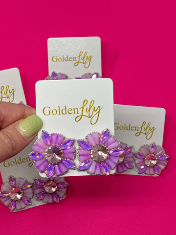 Golden Lily - Bead Burst Stud Earrings - Lavender
