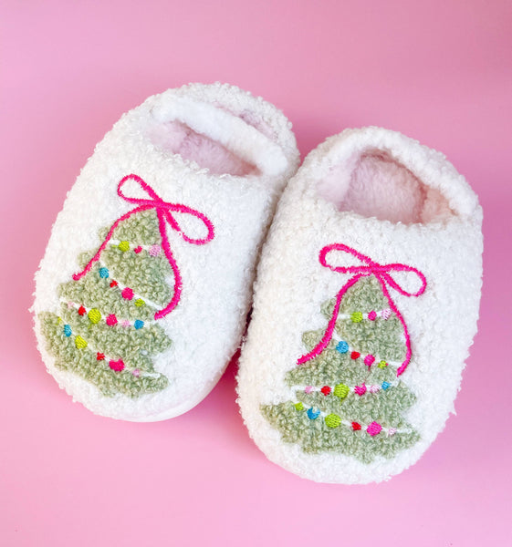 Rock Paper Scissors - Toddler/Kids Pink Bow Christmas Tree Slippers