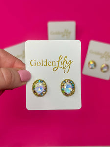 Golden Lily - Statement Stud Earrings - Iridescent Opal with Multi Stones
