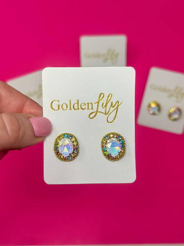 Golden Lily - Statement Stud Earrings - Iridescent Opal with Multi Stones