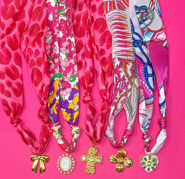 Golden Lily - Scarf Charm Necklaces - Pink Leopard Print w/ Rhinestone Cross Charm