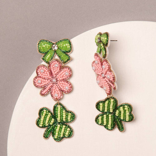 Shamrock with Pink Clover & Bow Earrings