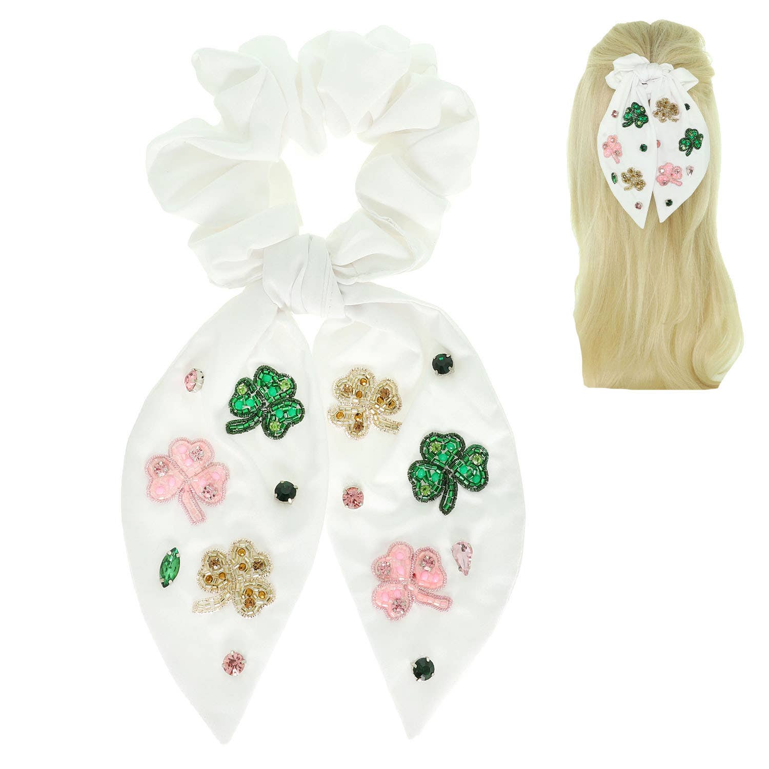 St Patrick's Shamrock Big Bow Uplifting Scrunchie : White