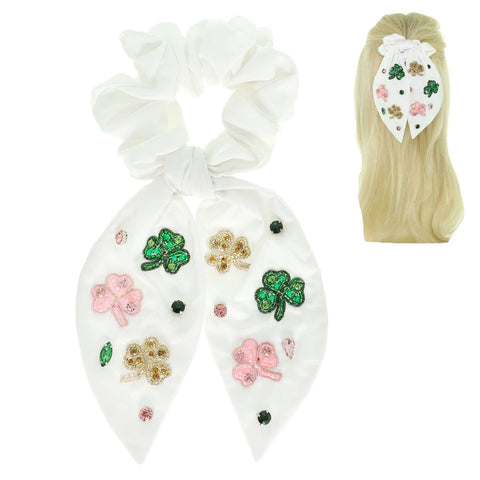 St Patrick's Shamrock Big Bow Uplifting Scrunchie : White