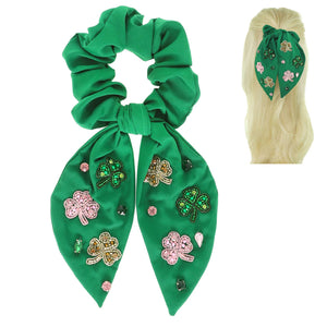 St Patrick's Shamrock Big Bow Uplifting Scrunchie - Green