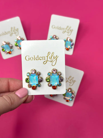 Golden Lily - Statement Stud Earrings - Iridescent Blue with Multi Stones