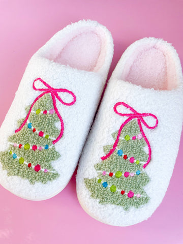 Rock Paper Scissors - Pink Bow Christmas Tree Slippers